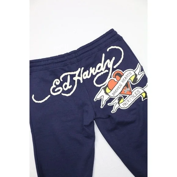 Ed Hardy Womens Broken Hearts Sweatpants Wide Leg Y2K Navy Eclipse L Fleece - Picture 13 of 16